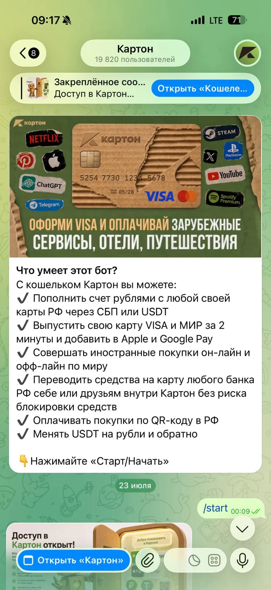 Экран Telegram-бота Картон