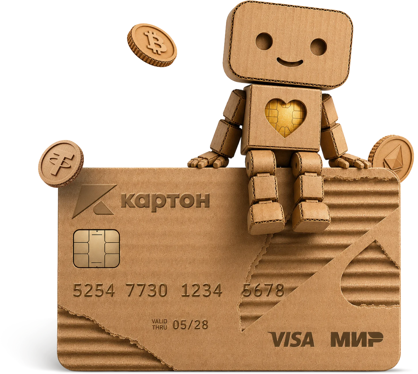Картонный робот сидит на карте Картон в окружении монет